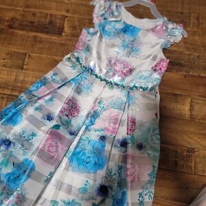 Macy's Floral Striped Kids Dress with Blue and Pink Accents. Perfect For Easter!